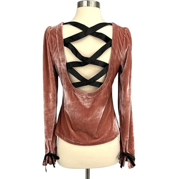 Anthropologie Tops - Anthropologie Open Back Top Pink Velvet Size S Strappy Long Sleeve Bows Evening